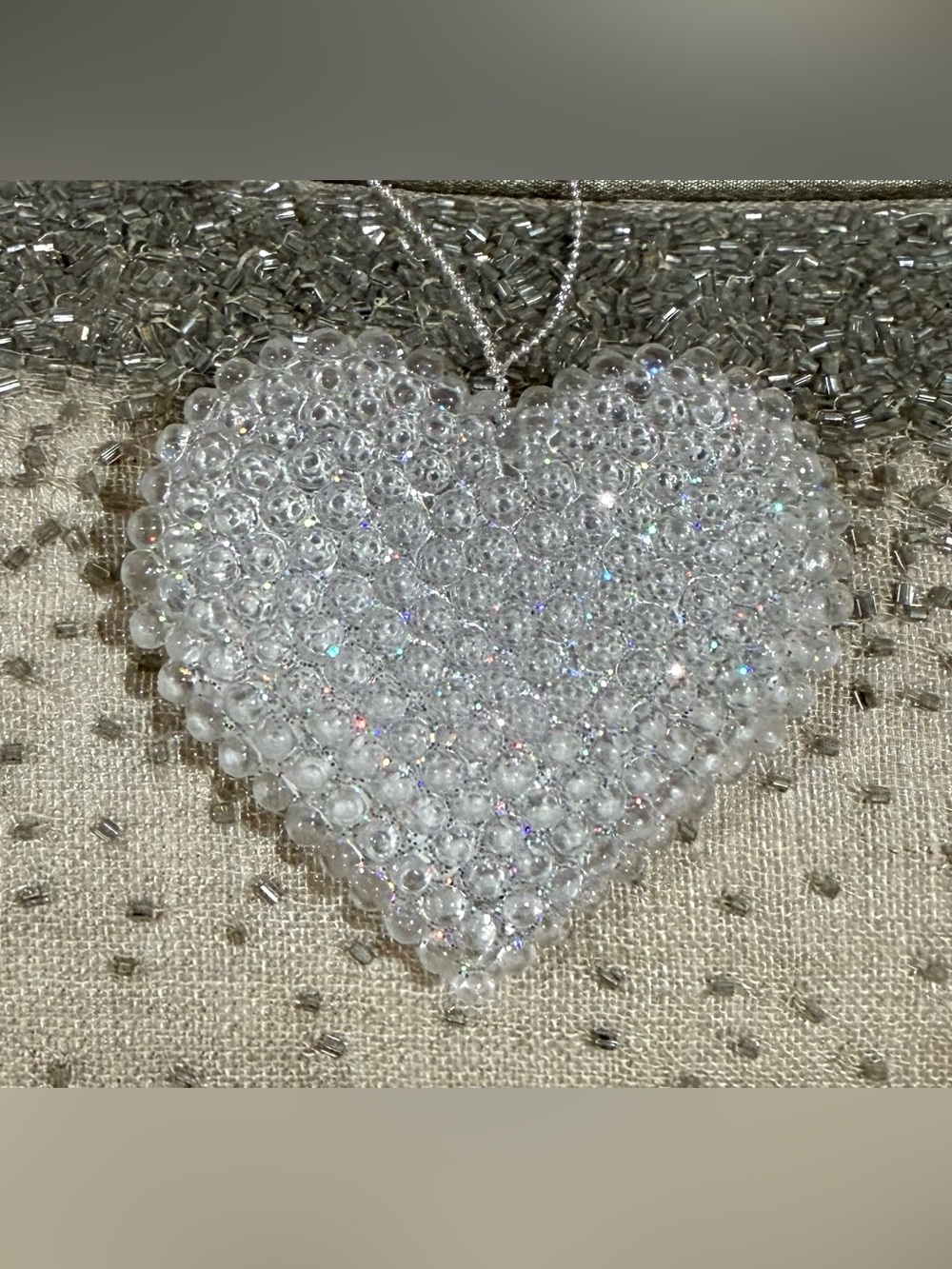 Vtg Clear Hard Plastic Heart Ornament - White Sparkle